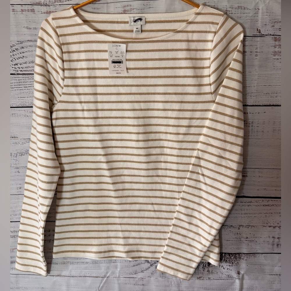 J. Crew Women's Long Sleeve Top - Cream and Tan Stripes NWT